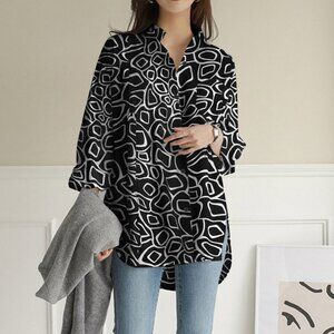 2/$40 Black Geometric Print Button Down Tunic Oversized Long Sleeve Shirt Blouse
